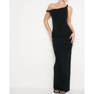 NWT Good American XS Black Sandwashed Off Shoulder Jersey Twisted Maxi Dress